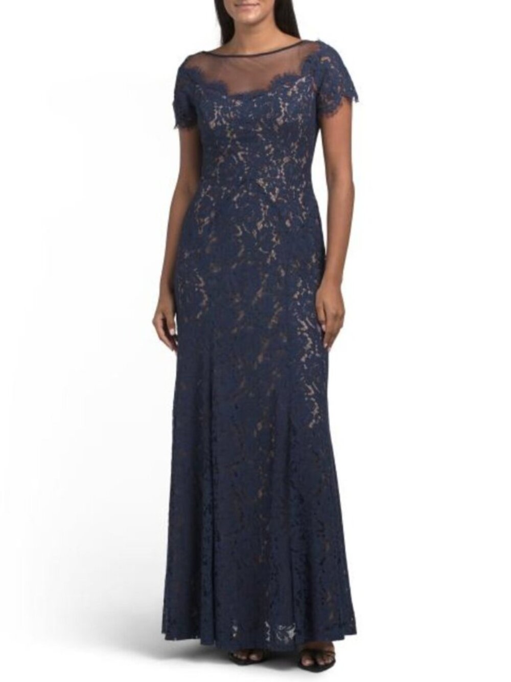 RENE BY RENE RUIZ Short Sleeve Lace Illusion Gown